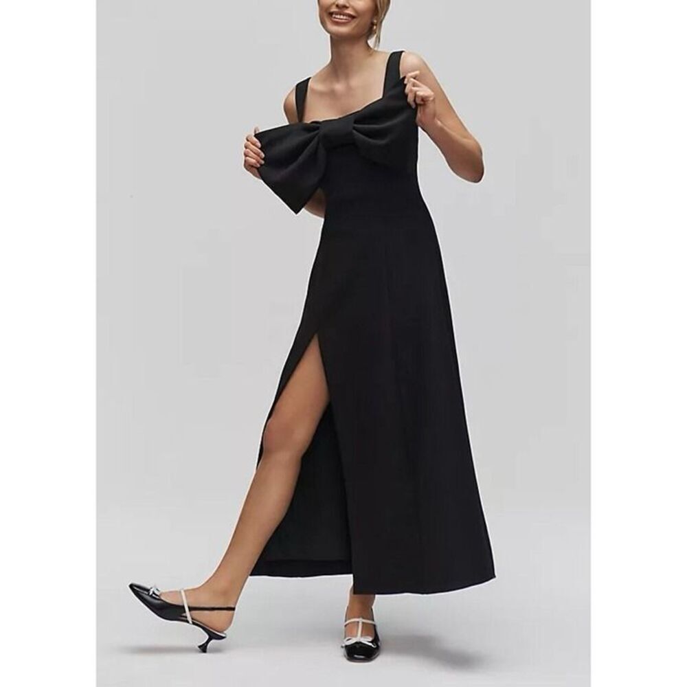 Anthropologie The Wolf Gang Cinta Bow Midi Dress Black Women’s Small S Slit $300